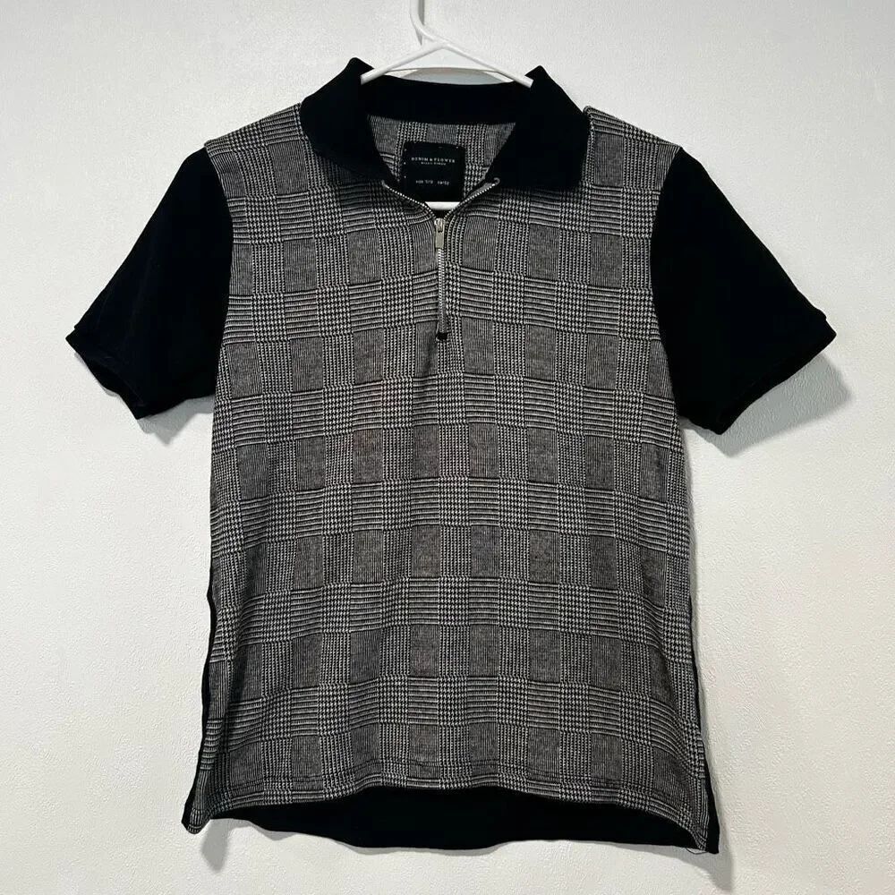 Denim & Flower Ricky Singh Black & Gray Plaid Half-Zip Polo Shirt Size 11/12